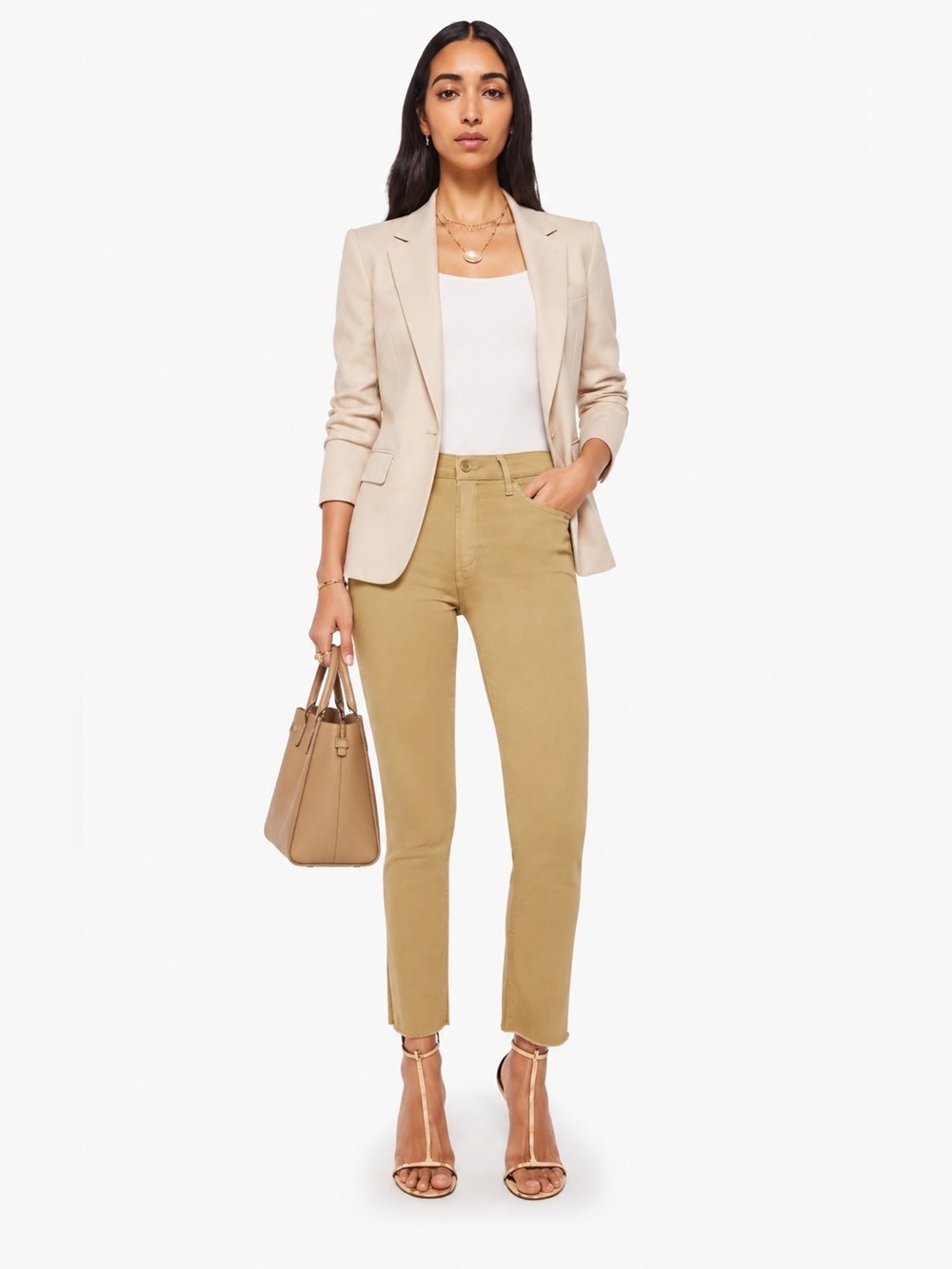 MOTHER The Mid Rise Dazzler Ankle Fray Jeans Play Date Beige Tan Skinny Crop 31